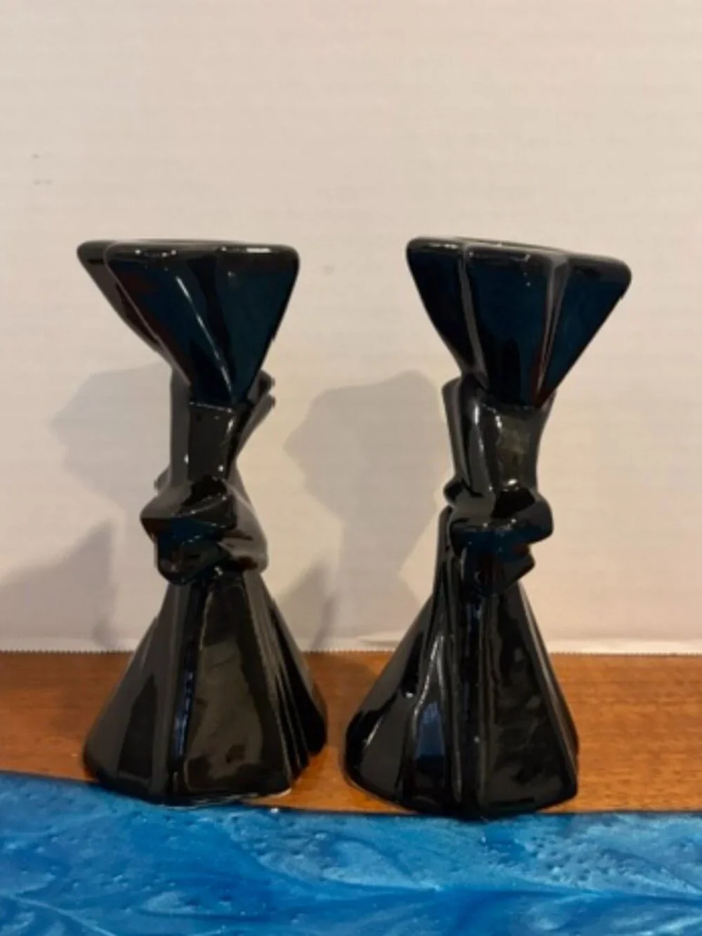 Pair of Black Art Deco Geometric Ceramic Candlestick Holders
